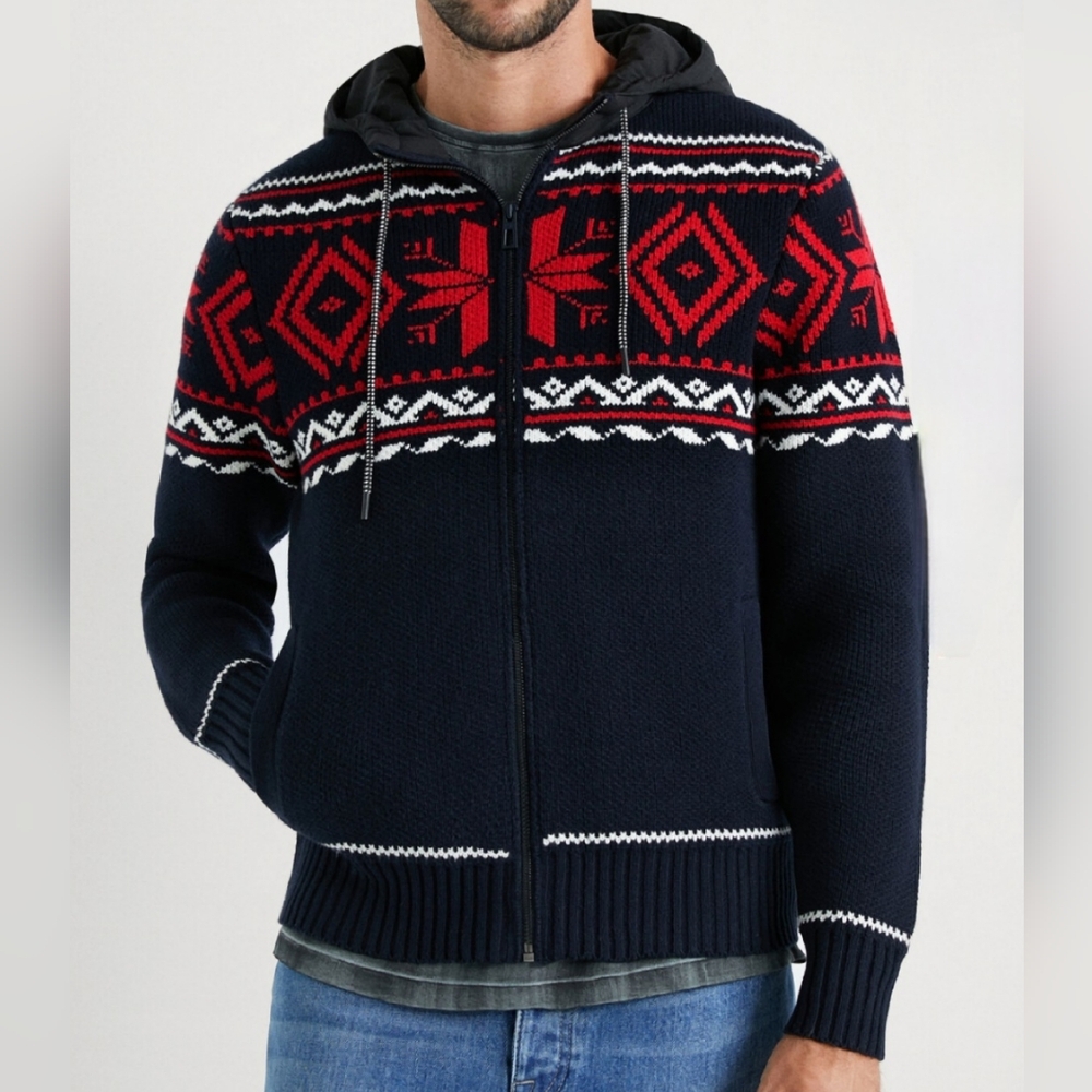 DESIGUAL Alpine Nordic Fair isle Men's Navy Red Hooded Knit Jacket Small